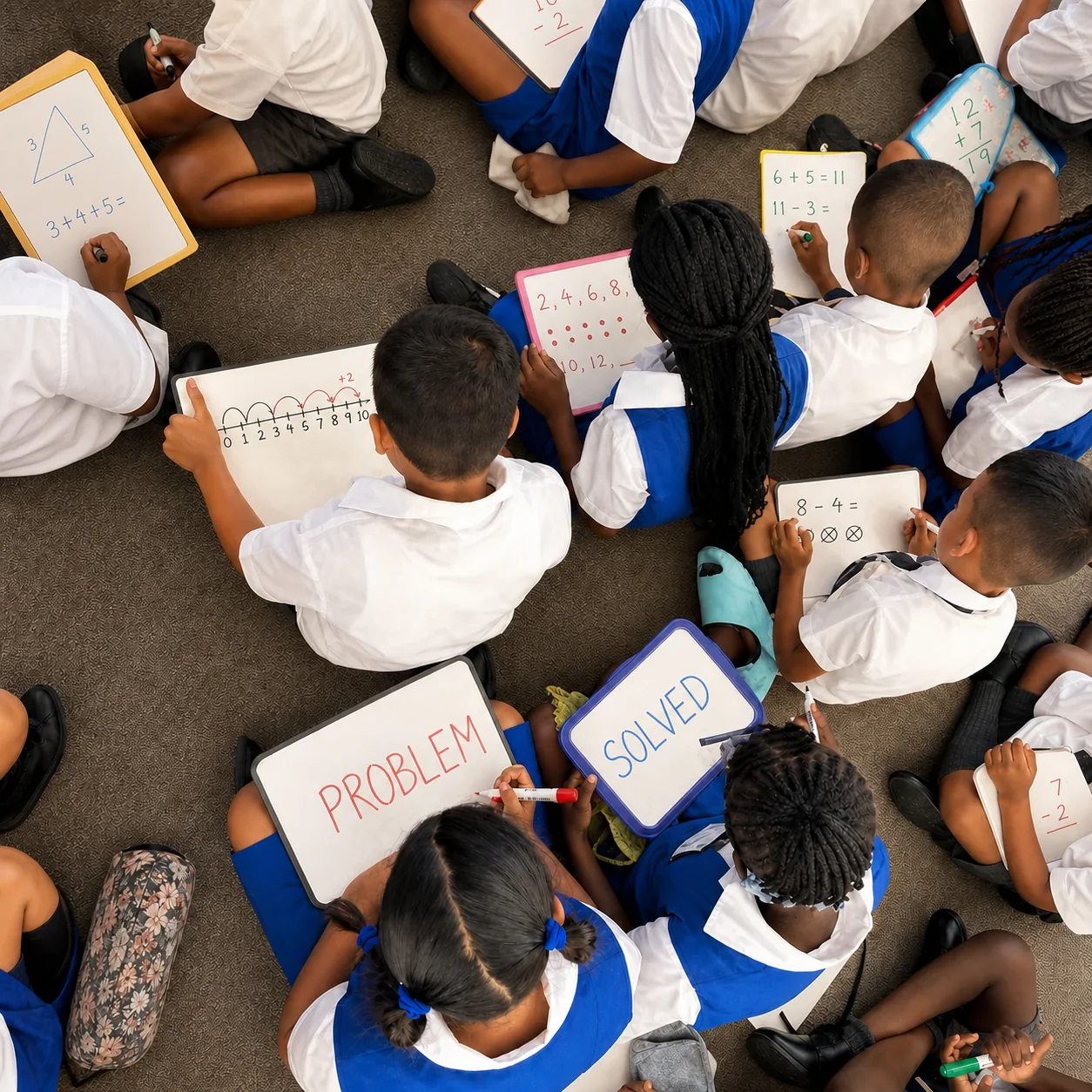 Primary school learners exploring problems on classroom whiteboards